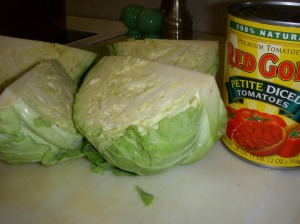 Add sliced cabbage and a can of tomatoes.