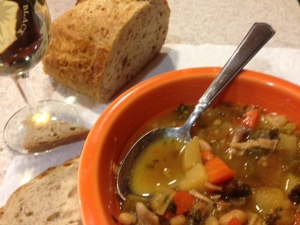 Perfect fall weather meal - soup, crusty bread and a glass of white!